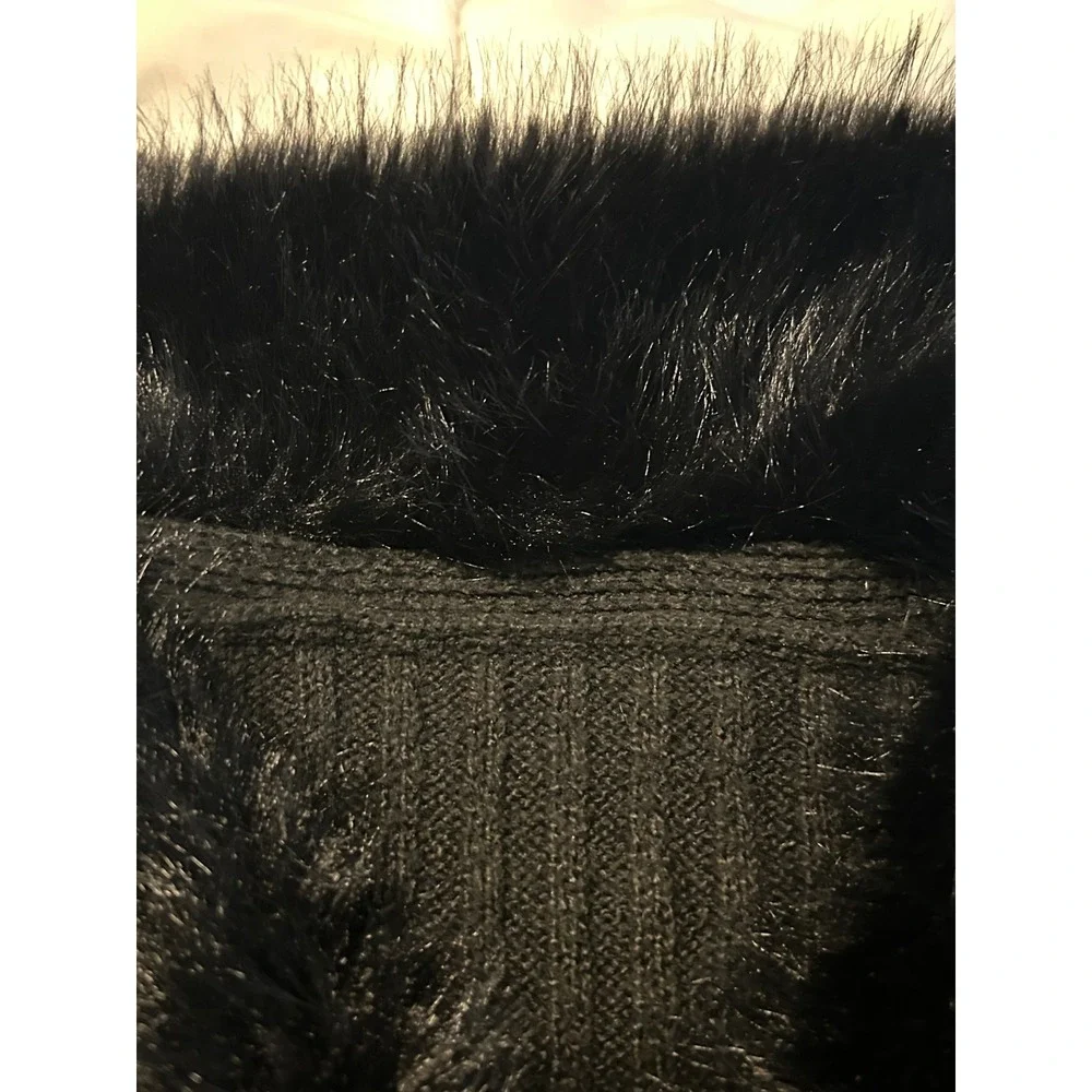 Shein Black Ribbed Knit Cardigan Faux Fur Collar and Cuffs Y2K Top 1474